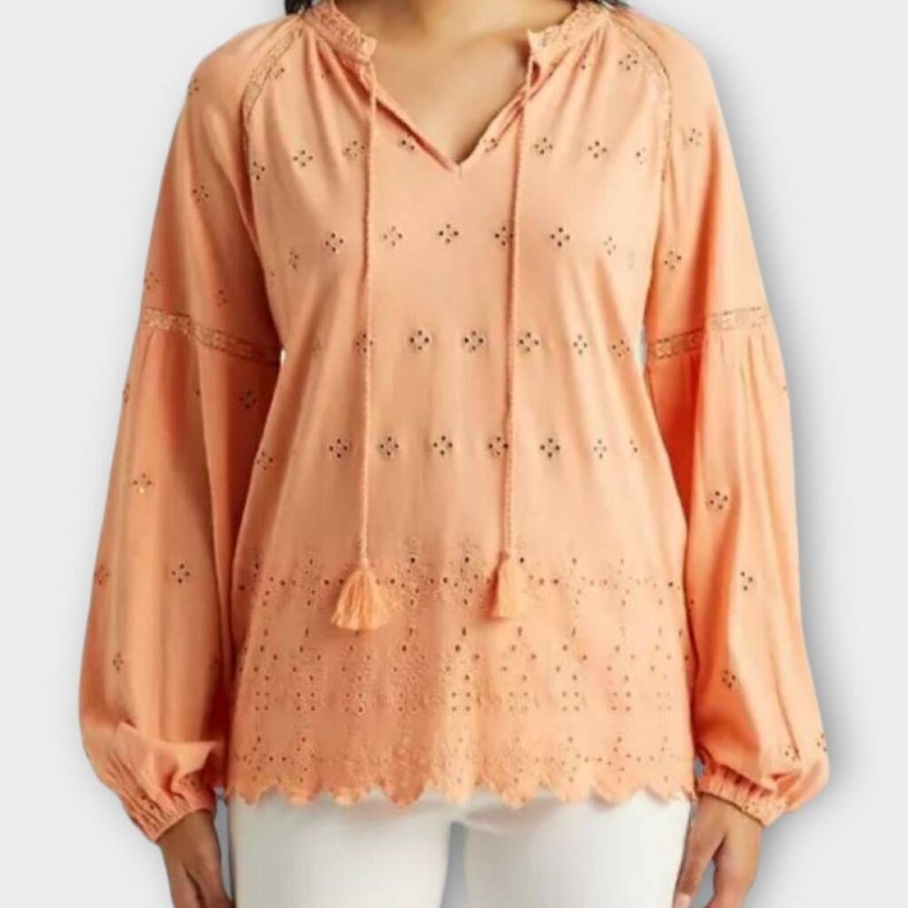 Ralph Lauren Womens Top Sz XL Orange Peasant Blouse Relaxed Coastal Preppy